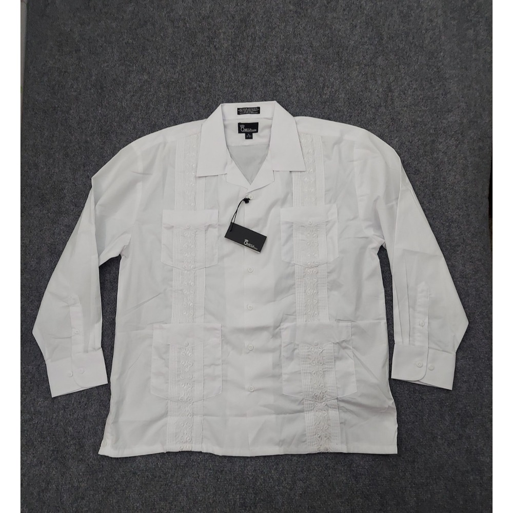 Omega Fashion Guayabera Shirt Mens XL White Embroidered Long Sleeve Wedding